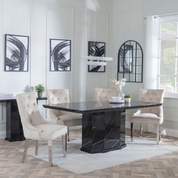 Naples Black Marble 6 Seater 160cm Dining Set with Lion Knocker Back Champagne Chairs & Chrome Legs