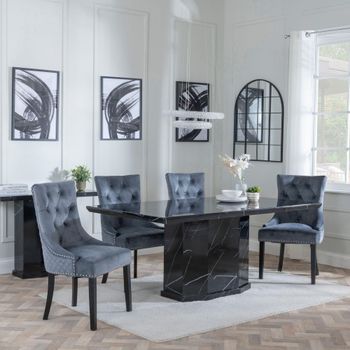 Naples Black Marble 6 Seater 160cm Dining Set with Lion Knocker Back Grey Chairs & Black Legs