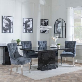 Naples Black Marble 6 Seater 160cm Dining Set with Lion Knocker Back Grey Chairs & Chrome Legs