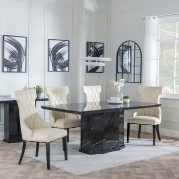 Naples Black Marble 6 Seater 160cm Dining Set with Mimi Cream Leather Dining Chairs