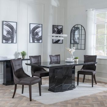 Naples Black Marble 6 Seater 160cm Dining Set with Paris Brown Leather Dining Chairs & Brown Legs