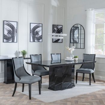 Naples Black Marble 6 Seater 160cm Dining Set with Paris Grey Leather Dining Chairs & Black Legs