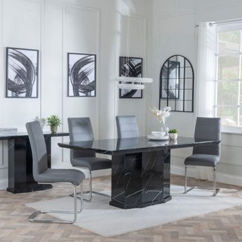 Naples Black Marble 6 Seater 160cm Dining Set with Roma Grey Faux Leather Dining Chairs