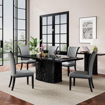 Naples Black Marble 6 Seater 160cm Dining Set with Cadiz Grey Leather Dining Chairs