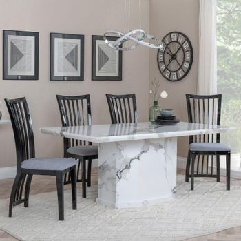 Naples White Marble 6 Seater 160cm Dining Set with Athena Black Gloss Chairs & Grey Seat Pads