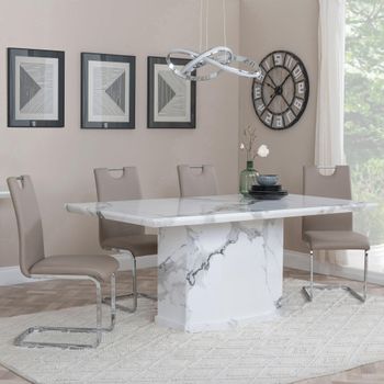 Naples White Marble 6 Seater 160cm Dining Set with Bianco Beige Faux Leather Dining Chairs