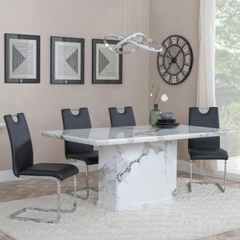 Naples White Marble 6 Seater 160cm Dining Set with Bianco Black Faux Leather Dining Chairs