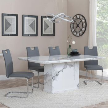 Naples White Marble 6 Seater 160cm Dining Set with Bianco Grey Faux Leather Dining Chairs