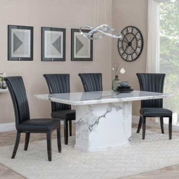 Naples White Marble 6 Seater 160cm Dining Set with Cadiz Black Leather Dining Chairs