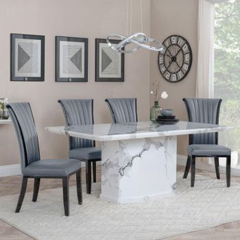 Naples White Marble 6 Seater 160cm Dining Set with Cadiz Grey Leather Dining Chairs