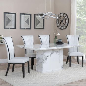 Naples White Marble 6 Seater 160cm Dining Set with Cadiz White Leather Dining Chairs