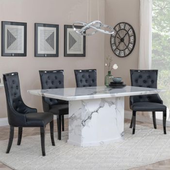Naples White Marble 6 Seater 160cm Dining Set with Carmela Black Leather Dining Chairs