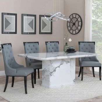 Naples White Marble 6 Seater 160cm Dining Set with Carmela Grey Leather Dining Chairs