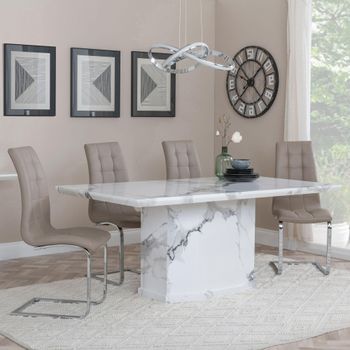 Naples White Marble 6 Seater 160cm Dining Set with Jamison Beige Faux Leather Dining Chairs