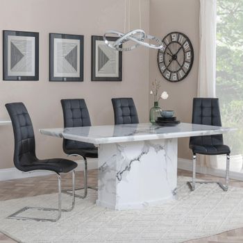 Naples White Marble 6 Seater 160cm Dining Set with Jamison Black Faux Leather Dining Chairs