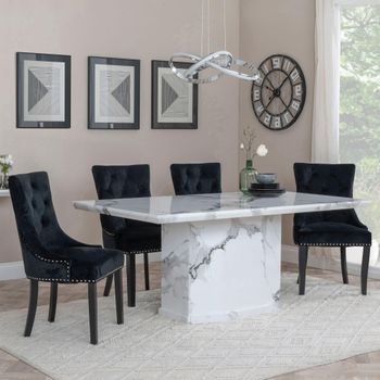 Naples White Marble 6 Seater 160cm Dining Set with Knocker Back Black Velvet Chairs & Black Legs
