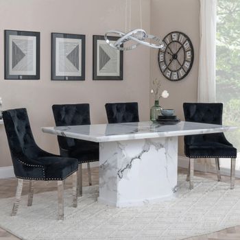 Naples White Marble 6 Seater 160cm Dining Set with Knocker Back Black Chairs & Chrome Legs