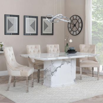 Naples White Marble 6 Seater 160cm Dining Set with Knocker Back Champagne Chairs & Chrome Legs