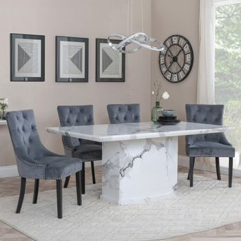 Naples White Marble 6 Seater 160cm Dining Set with Knocker Back Grey Velvet Chairs & Black Legs