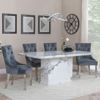 Naples White Marble 6 Seater 160cm Dining Set with Knocker Back Grey Chairs & Chrome Legs