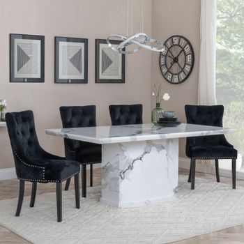 Naples White Marble 6 Seater 160cm Dining Set with Lion Knocker Back Black Chairs & Black Legs