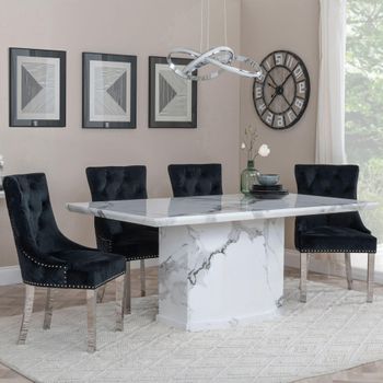 Naples White Marble 6 Seater 160cm Dining Set with Lion Knocker Back Black Chairs & Chrome Legs