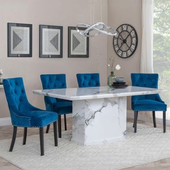 Naples White Marble 6 Seater 160cm Dining Set with Lion Knocker Back Blue Chairs & Black Legs