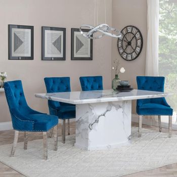 Naples White Marble 6 Seater 160cm Dining Set with Lion Knocker Back Blue Chairs & Chrome Legs
