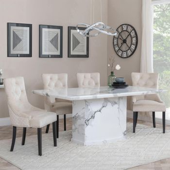 Naples White Marble 6 Seater 160cm Dining Set with Lion Knocker Back Champagne Chairs & Black Legs