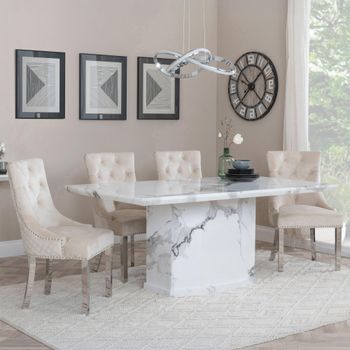 Naples White Marble 6 Seater 160cm Dining Set with Lion Knocker Back Champagne Chairs & Chrome Legs