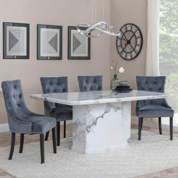 Naples White Marble 6 Seater 160cm Dining Set with Lion Knocker Back Grey Chairs & Black Legs