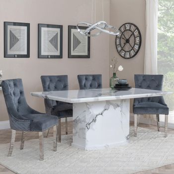 Naples White Marble 6 Seater 160cm Dining Set with Lion Knocker Back Grey Chairs & Chrome Legs