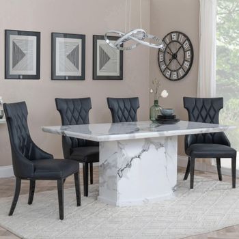 Naples White Marble 6 Seater 160cm Dining Set with Mimi Black Leather Dining Chairs