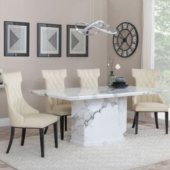 Naples White Marble 6 Seater 160cm Dining Set with Mimi Cream Leather Dining Chairs