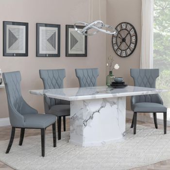 Naples White Marble 6 Seater 160cm Dining Set with Mimi Grey Leather Dining Chairs