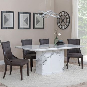 Naples White Marble 6 Seater 160cm Dining Set with Paris Brown Leather Dining Chairs & Brown Legs