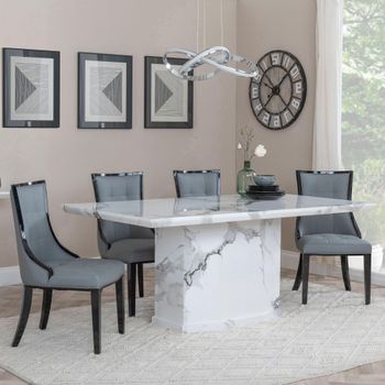Naples White Marble 6 Seater 160cm Dining Set with Paris Grey Leather Dining Chairs & Black Legs