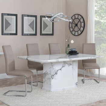 Naples White Marble 6 Seater 160cm Dining Set with Roma Beige Faux Leather Dining Chairs