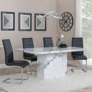 Naples White Marble 6 Seater 160cm Dining Set with Roma Black Faux Leather Dining Chairs