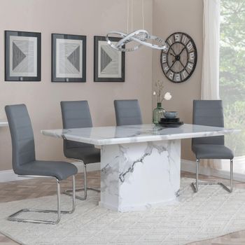 Naples White Marble 6 Seater 160cm Dining Set with Roma Grey Faux Leather Dining Chairs