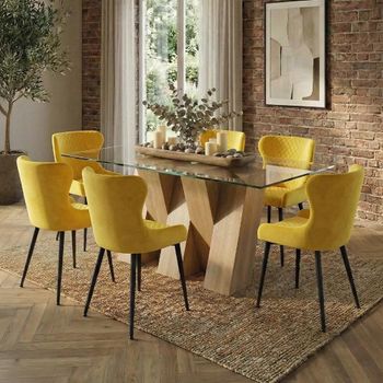 Newton Clear Glass and Natural 6 Seater 180cm Dining Set with 6 Langley Yellow Fabric Chair