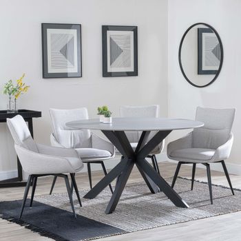 Novara Grey Ceramic 4 Seater Swivel 130cm Round Dining Set with 4x Ace Beige Fabric Dining Chairs