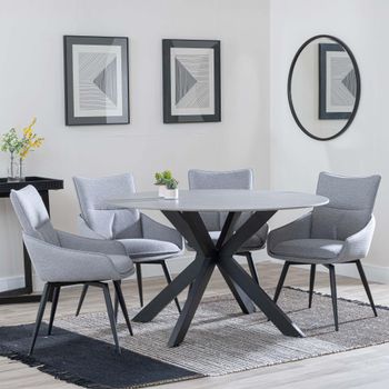 Novara Grey Ceramic 4 Seater Swivel 130cm Round Dining Set with 4x Ace Grey Fabric Dining Chairs
