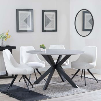 Novara Grey Ceramic 4 Seater Swivel 130cm Round Dining Set with 4 Arctic Cream Velvet Chairs