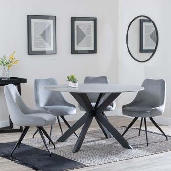 Novara Grey Ceramic 4 Seater Swivel 130cm Round Dining Set with 4 Arctic Grey Velvet Chairs