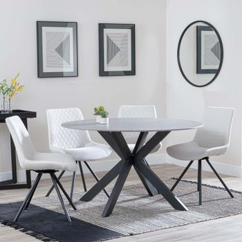Novara Grey Ceramic 4 Seater Swivel 130cm Round Dining Set with 4x Boden Cream Fabric Dining Chairs