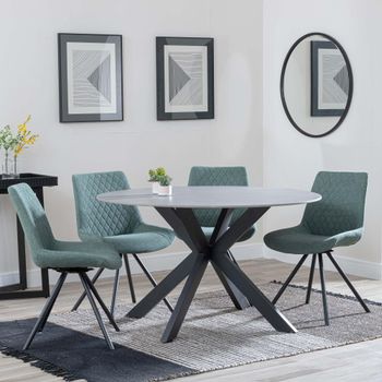 Novara Grey Ceramic 4 Seater Swivel 130cm Round Dining Set with 4x Boden Green Fabric Dining Chairs