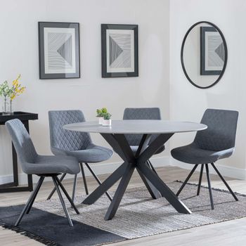 Novara Grey Ceramic 4 Seater Swivel 130cm Round Dining Set with 4x Boden Grey Fabric Dining Chairs