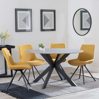 Novara Grey Ceramic 4 Seater Swivel 130cm Round Dining Set with 4x Boden Yellow Fabric Dining Chairs