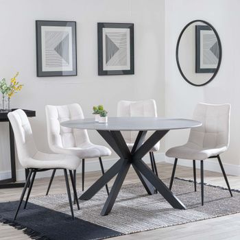 Novara Grey Ceramic 4 Seater 130cm Round Dining Set with 4x Corona Beige Fabric Dining Chairs